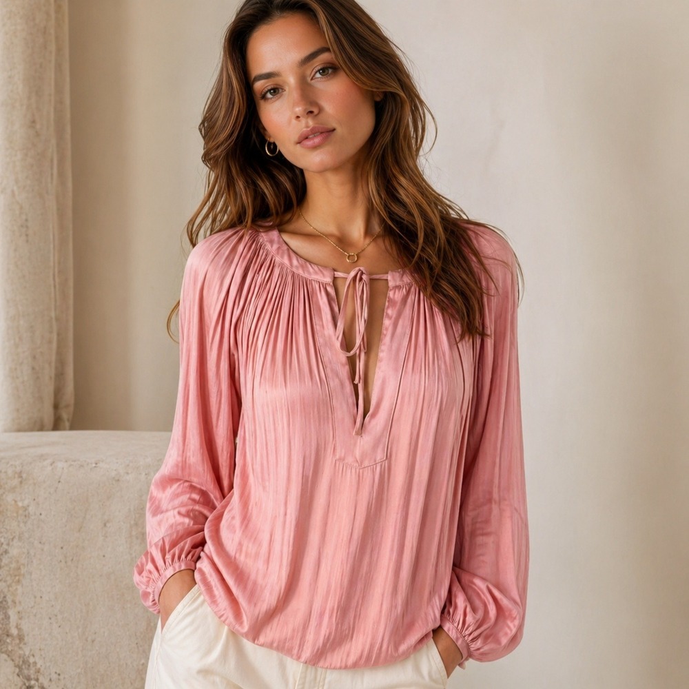 Philosophy Republic Pink Plissé Blouse M 100% Polyester Pleated Tie‎ Neck Boho